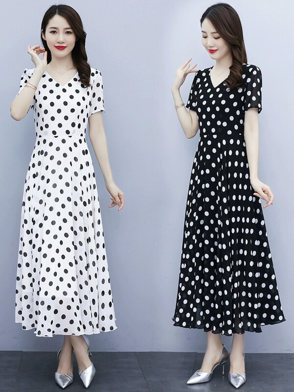 2026 French-Style Black and White Polka Dot Dress for Women, Summer Chiffon, High-End, Elegant, Plus Size, Large Hem, Polka Dot Long Dress 2026 French-Style Black and White Polka Dot Dress for Women, Summer Chiffon, High-End, Elegant, Plus Size, Large Hem, Polka Dot Long Dress