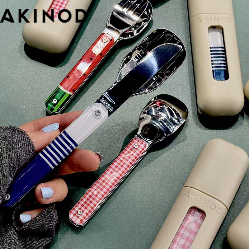 French Akinod Magnetic Portable Cutlery Set Stainless Steel Knife, Fork, Spoon with Storage Box for Outdoor Travel and Office Workers
