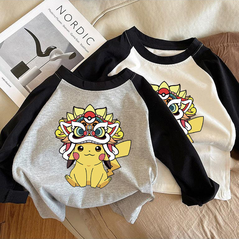 100% Pure Cotton Long-Sleeved T-Shirt for Boys and Girls, 2026 Pokémon Cartoon Children's Clothing, Inner Layer Base Shirt Top