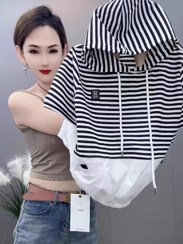 Striped Short-Sleeved T-Shirt for Women 2026 Summer New Fashion Fake Two-Piece Hooded Sweatshirt Loose Slimming Half-Sleeve Top