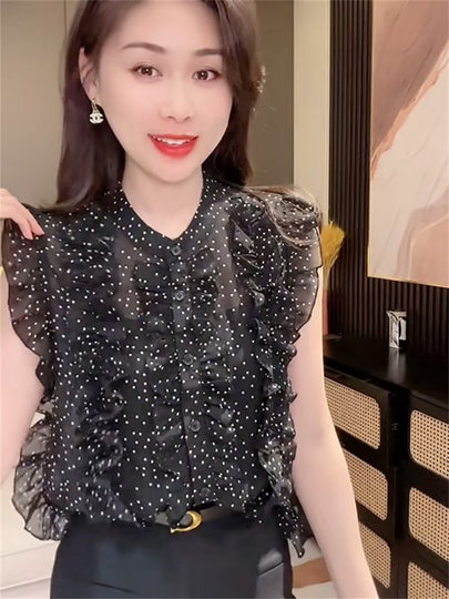 2025 nueva camisa de gasa con estampado de lunares de verano con diseño de hongo mangas voladoras con volantes camisa reductora de edad para mujer