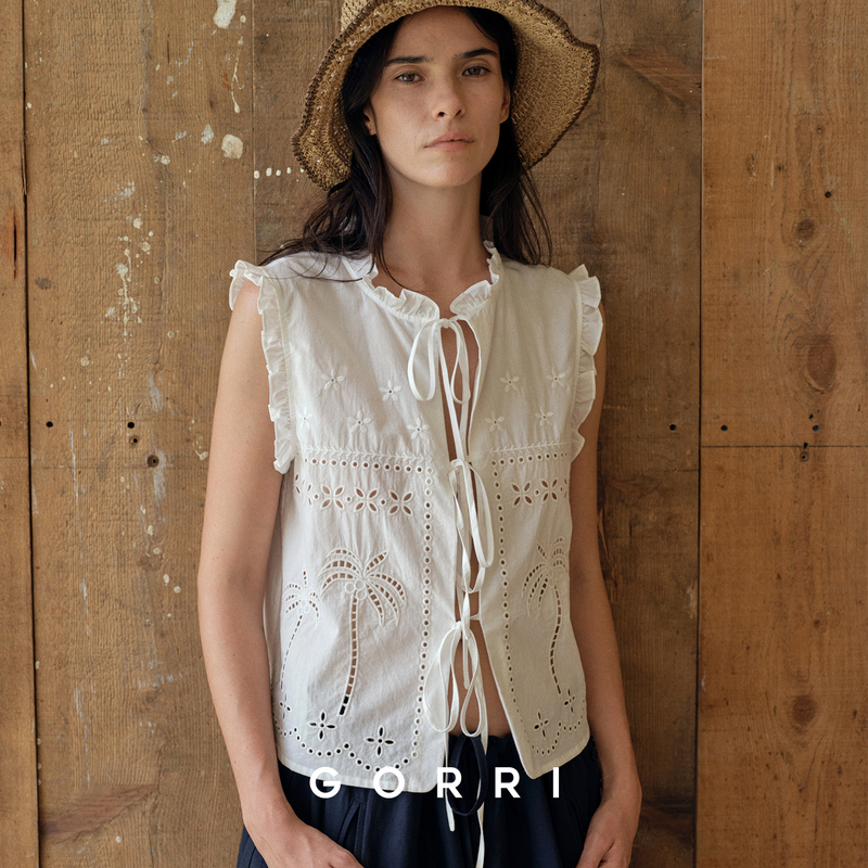 Gorri Island Style Coconut Tree Cut-Out Embroidered Sleeveless Shirt Holiday Casual Tie-Up Embroidered Vest