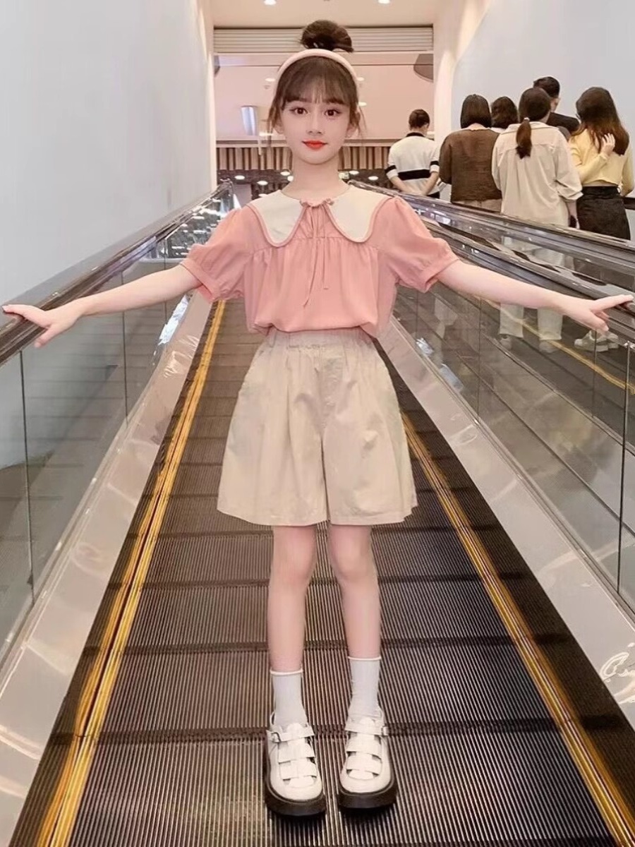 <!--女童套装夏款2024新款儿童洋气韩版时髦夏装薄款中大童短袖两件套-->