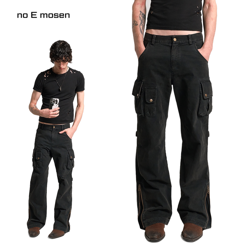 Noemosen(Noe) Blue and Black Washed Multi-Pocket Heavy-Duty Cargo Adjustable Flared Street Canvas Work Pants Noemosen(Noe) Blue and Black Washed Multi-Pocket Heavy-Duty Cargo Adjustable Flared Street Canvas Work Pants