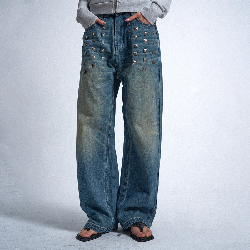 No E Mosen (Noe) Blue Distressed Whiskered Washed Baggy Straight-Leg Jeans with Stud Embellishments