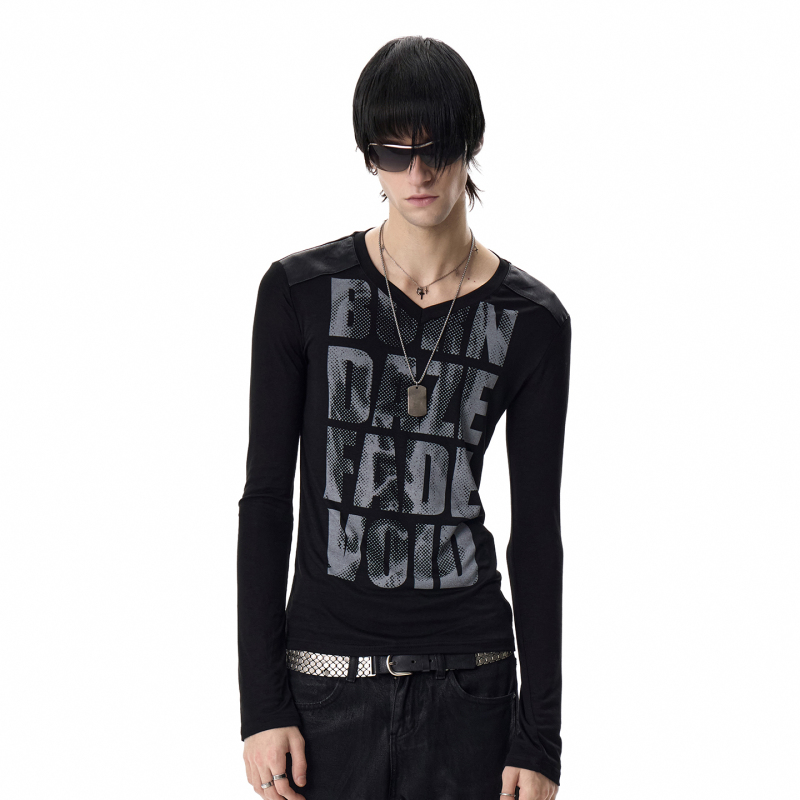 No E Mosen (Noe) Retro Portrait Slogan Patchwork Black Slim-Fit Slightly Sheer Drapey Long-Sleeve T-Shirt