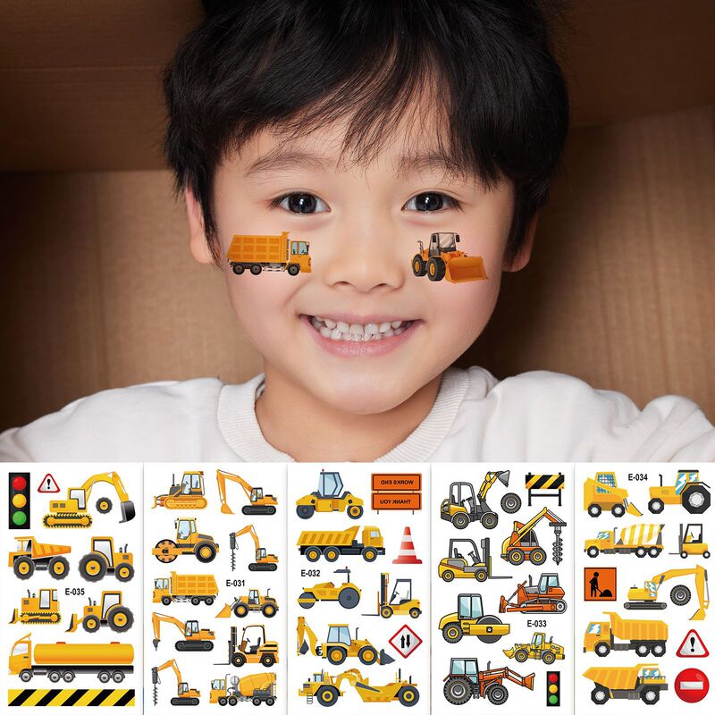 Children's Tattoo Stickers Boy Cartoon Construction Vehicle Water Transfer Stickers Space Excavation Robot Car Face Stickers