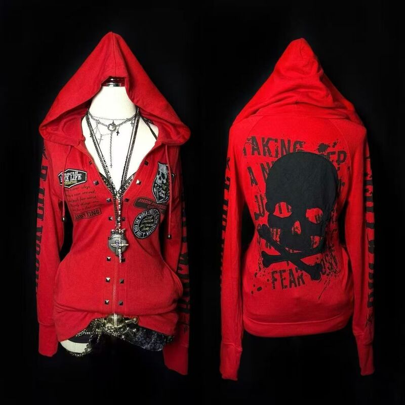Punk Rock Dark Harajuku Style Long-Sleeve Sweatshirt Jacket with Skull Lettering Cardigan Subculture Jacket for Autumn and Winter