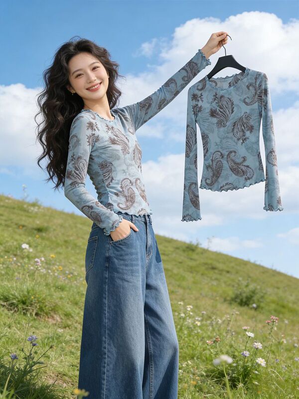 High-End Cashew Print Mesh Flared Long-Sleeved T-Shirt for Women, New Summer Thin Top, Sun Protection Cover-Up High-End Cashew Print Mesh Flared Long-Sleeved T-Shirt for Women, New Summer Thin Top, Sun Protection Cover-Up