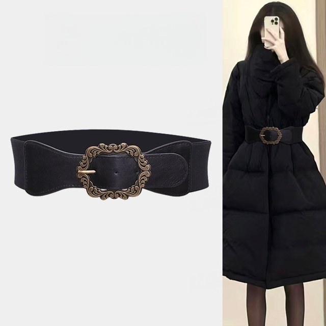 Women's Coat Belt Waist Accessory Wide Elastic Black Vintage Decorative Belt for Dresses, Sweaters, and down Jackets