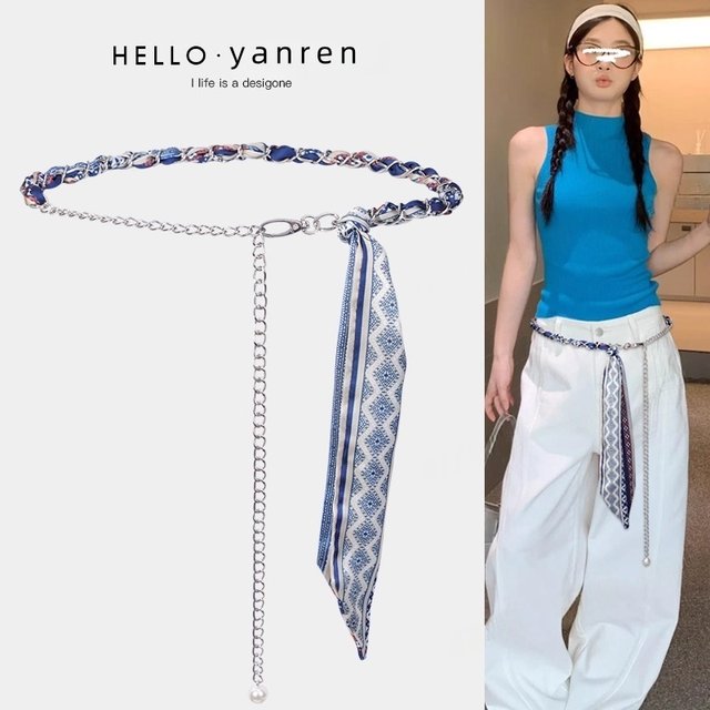 Silk scarf belt accessories for women metal chain waist chain ribbon belt braided bohemian ethnic style with jeans