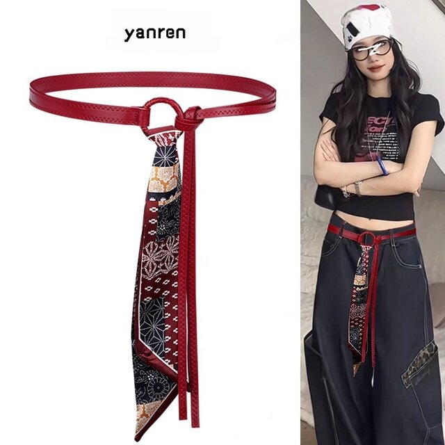 Red Silk Scarf Belt Accessory for Women, Vintage Decoration, Suitable for Jeans and Skirts, Y2K Belt with a Unique and High-End Design