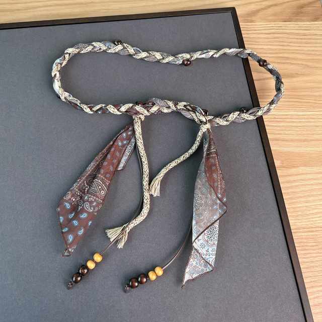 2025 Autumn Bohemian Style Silk Scarf Wax Rope Braided Waist Chain Thin Belt Paired with Floor-Length Pants and Skirt Beaded Waist Rope