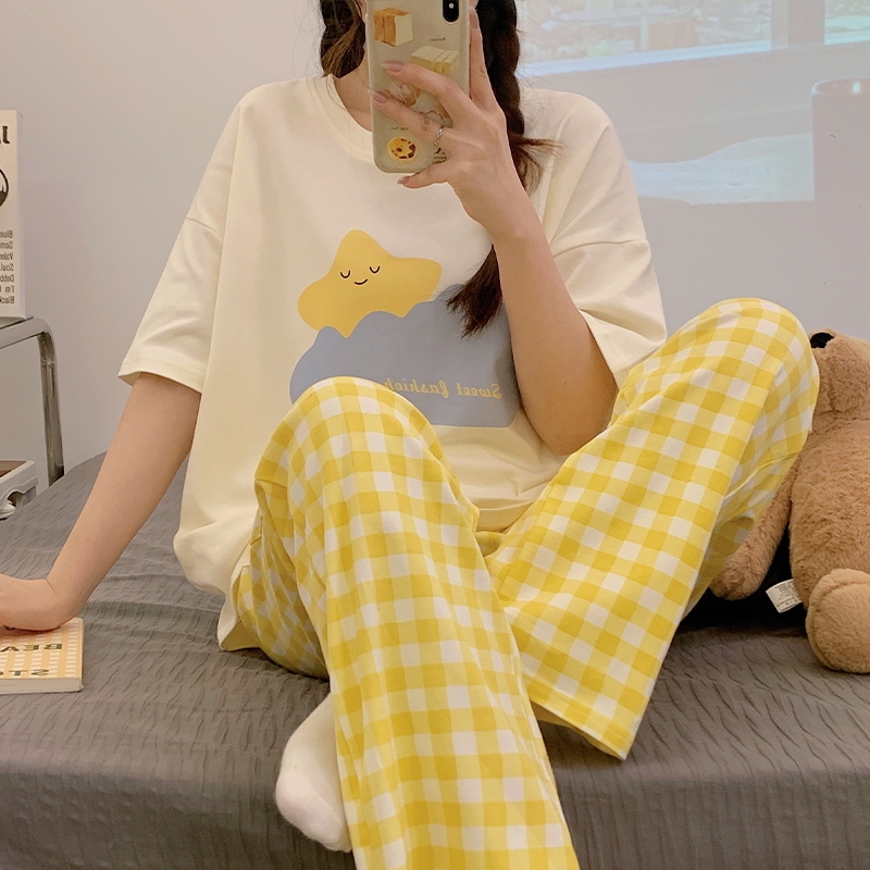 Tall Women's Summer Pajamas 175 Pure Cotton 170 Extended Version 180 Short-Sleeved Long Pants Summer Home Wear Set Tall Women's Summer Pajamas 175 Pure Cotton 170 Extended Version 180 Short-Sleeved Long Pants Summer Home Wear Set