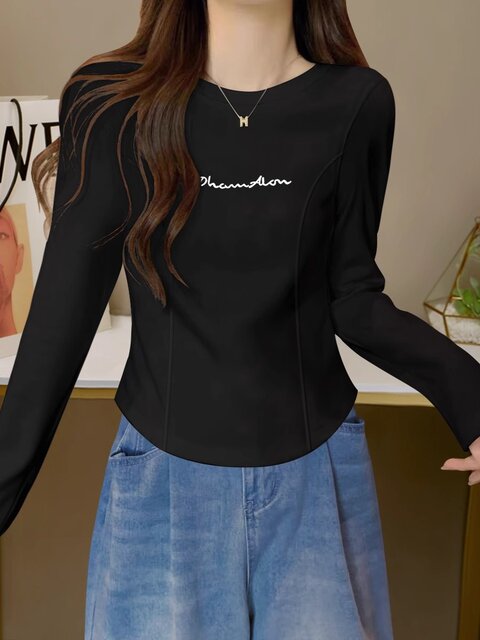 Vintage Printed Long-Sleeve T-Shirt for Women, Spring and Autumn Inner Layer, European Style, Regular Shoulder, Slim Fit, Short Fishbone Unique Top