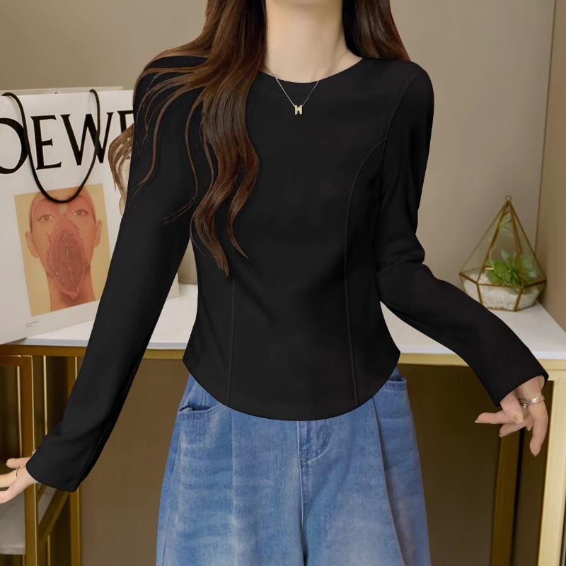 2026 New Style Irregular Hem Slimming Fishbone Top Pure Cotton Regular Shoulder Long Sleeve T-Shirt Women's Versatile Base Shirt