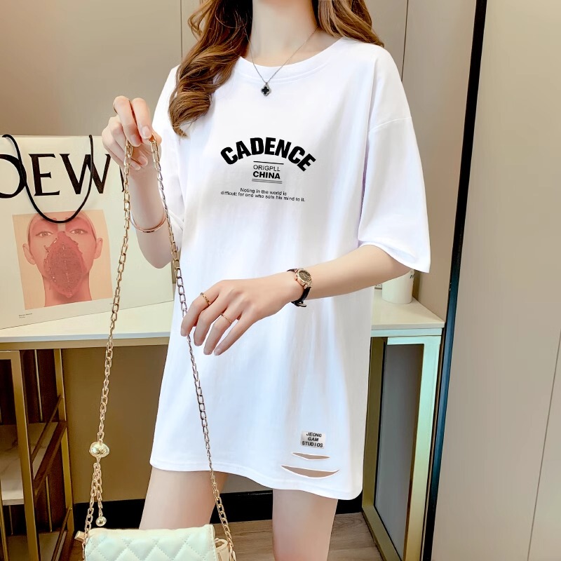 Mid-Length, Butt-Covering, Ripped, Loose-Fitting Pure Cotton Top, Base Layer Shirt for Women, Short-Sleeved, 2026 Summer New White T-Shirt