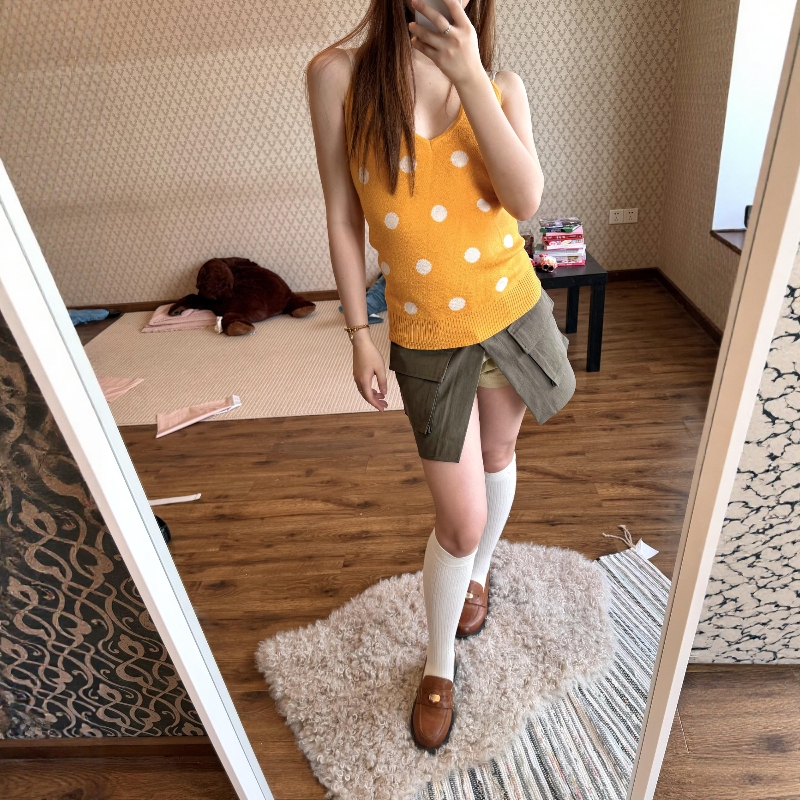 Amweird Wave Dot American Style Spicy Girl Orange Polka Dot Slim Fit Halter Neck Sleeveless Slimming Tank Top