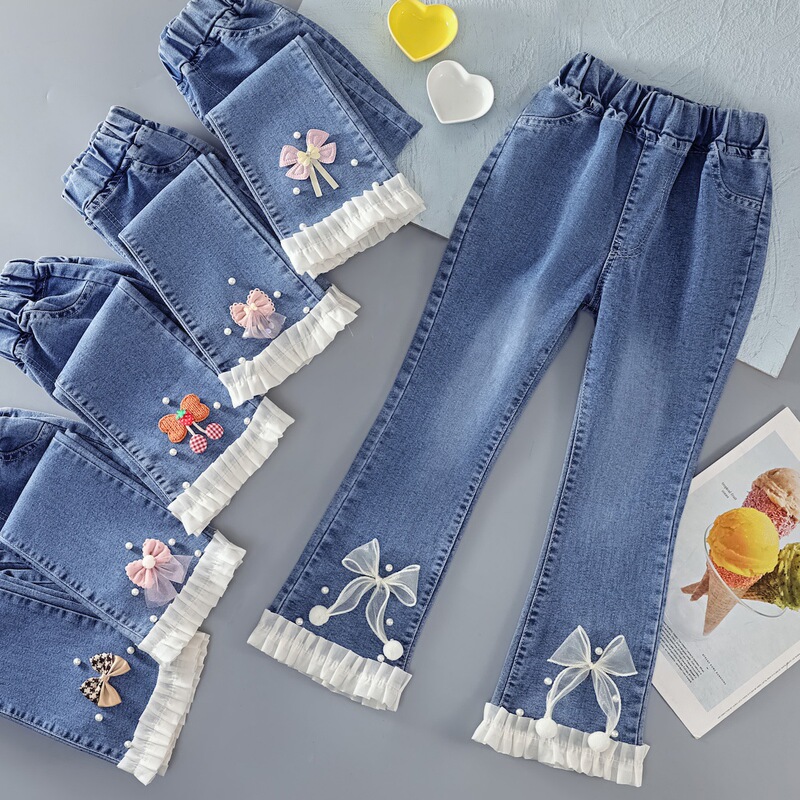 Girls' Jeans 2026 Summer Thin Flared Pants with Bow Embroidery and Lace Trim, Versatile Stretchy Long Pants for Older Children Girls' Jeans 2026 Summer Thin Flared Pants with Bow Embroidery and Lace Trim, Versatile Stretchy Long Pants for Older Children