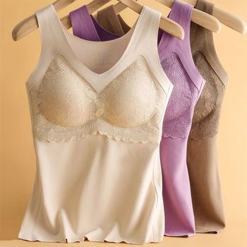 Warm Vest for Women Plus Size 100kg with Built-In Chest Pads, Winter Fleece-Lined and Thickened Base Layer Underwear