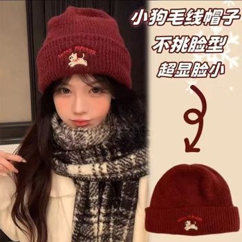 Blue Salt-Style Cute Puppy Embroidered Knitted Wool Hat, New Autumn and Winter Model for Women, Makes the Face Look Smaller, Versatile Beanie for Large Head Circumference