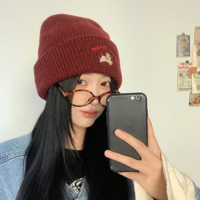 Blue Salt-Style Cute Puppy Embroidered Knitted Wool Hat, New Autumn and Winter Model for Women, Makes the Face Look Smaller, Versatile Beanie for Large Head Circumference