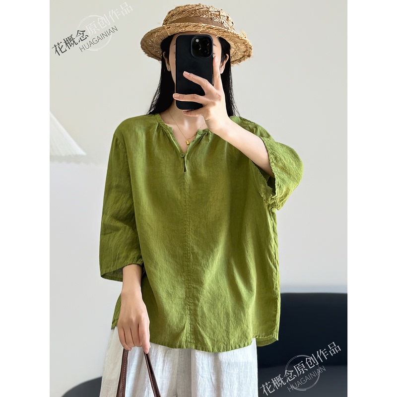 Floral Concept, Artistic Retro V-Neck, Single-Button, Sand-Washed Linen Shirt for Women, Summer Three-Quarter Sleeves, Relaxed Fit, Slimming Top