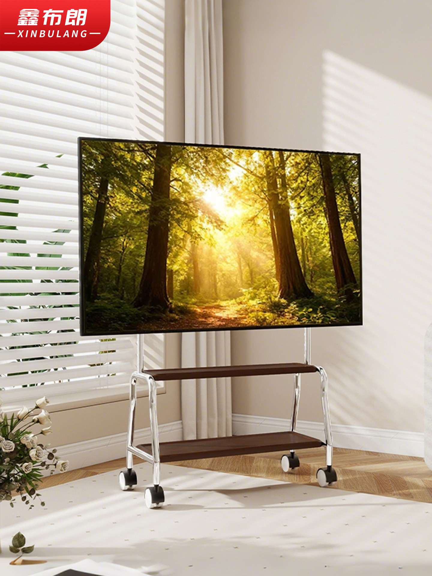 Tv Floor Stand Movable Vertical Stainless Steel Wheeled Cart for Living Room 55/65/ 75inch Universal Mount