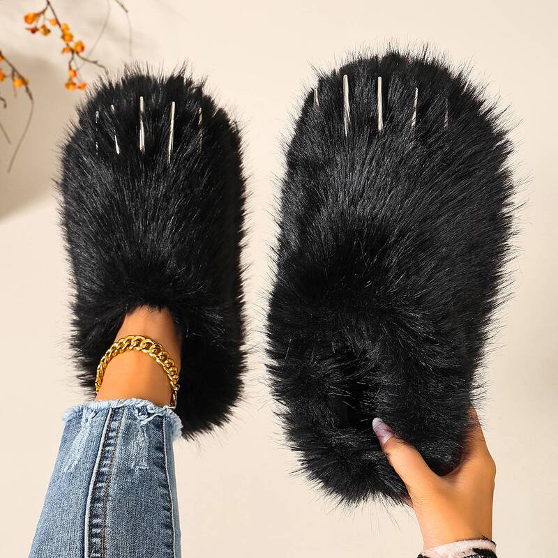 European and American Style Fun Solid Color Hardware Claw Fluffy Slippers Flat Winter Y2K Home Warm Cotton Slippers European and American Style Fun Solid Color Hardware Claw Fluffy Slippers Flat Winter Y2K Home Warm Cotton Slippers