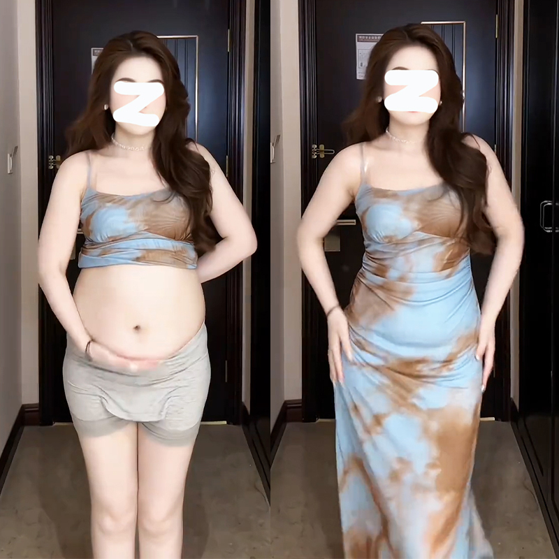Slightly Chubby Girl's Elegant Two-Piece Tie-Dye Camisole Waist-Cinching Dress with Long-Sleeved Cardigan Set, Plus Size, Slimming, Summer Slightly Chubby Girl's Elegant Two-Piece Tie-Dye Camisole Waist-Cinching Dress with Long-Sleeved Cardigan Set, Plus Size, Slimming, Summer