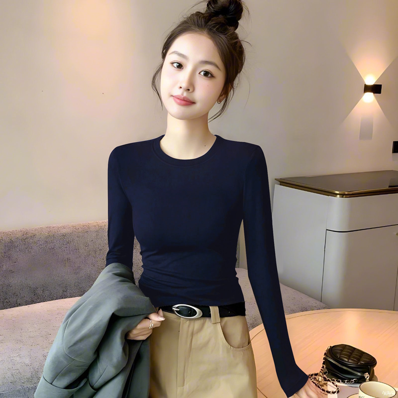 Navy Blue Base Layer Shirt for Women, Suitable for Layering, 2025 Autumn and Winter, Slim Fit, Solid Color, Long-Sleeved T-Shirt, Regular Shoulder, Round Neck Top