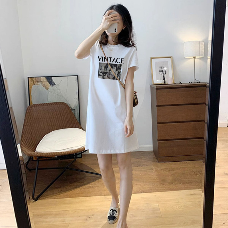 Pure Cotton Short-Sleeved Women's New Retro Cartoon T-Shirt Top Summer Loose Slimming Mid-Length Over-The-Knee Dress