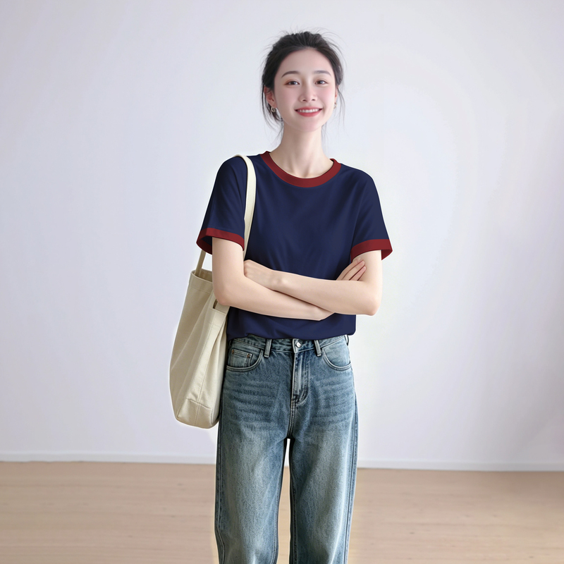 Pure Cotton Color-Blocked Round-Neck Navy Blue Slim-Fit Top for Women, Summer Basic Style, Regular Shoulder Short-Sleeve Loose Casual T-Shirt
