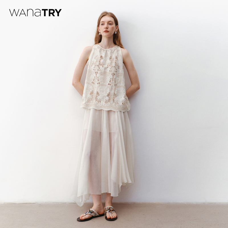 Wana Try Heavy Embroidery Lace Flowing Dress Summer New Embossed Apricot Gentle Casual Dress for Women Wana Try Heavy Embroidery Lace Flowing Dress Summer New Embossed Apricot Gentle Casual Dress for Women
