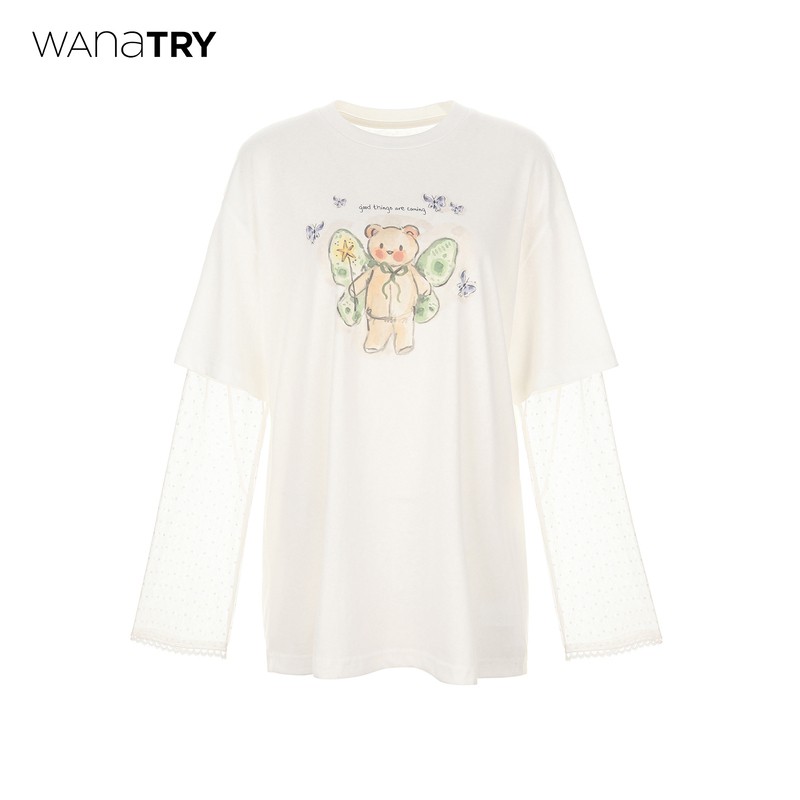 Wana Try Fashionable Casual Fake Two-Piece Women's 2026 Summer New Style White Winged Bear Print Mesh Sleeve T-Shirt