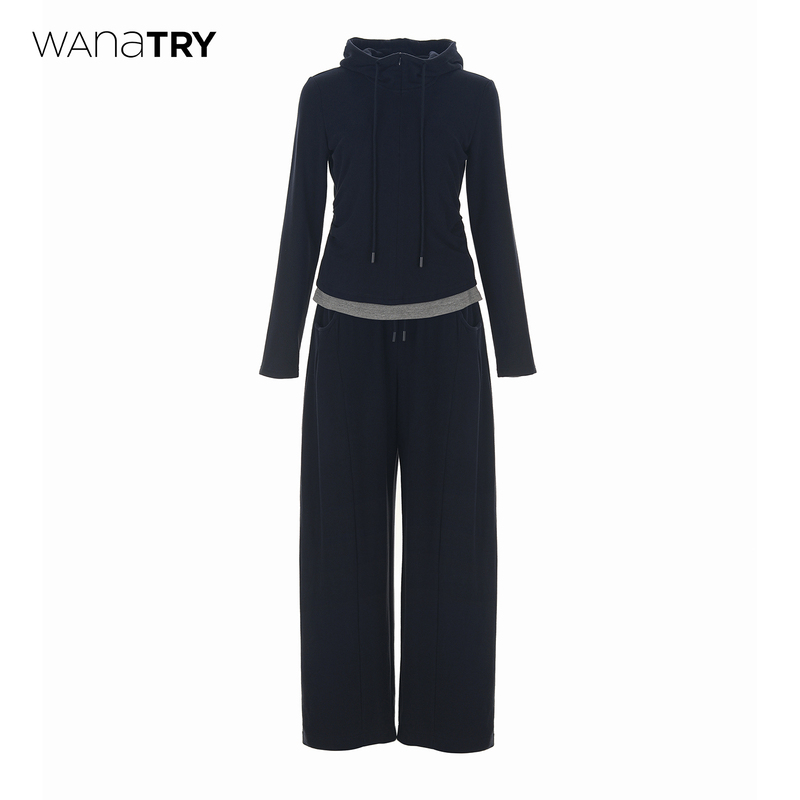 Wana Try Navy Blue Color-Blocking Faux Two-Piece Hooded Casual Set for Women 2026 Autumn New Top and Pants Set Wana Try Navy Blue Color-Blocking Faux Two-Piece Hooded Casual Set for Women 2026 Autumn New Top and Pants Set