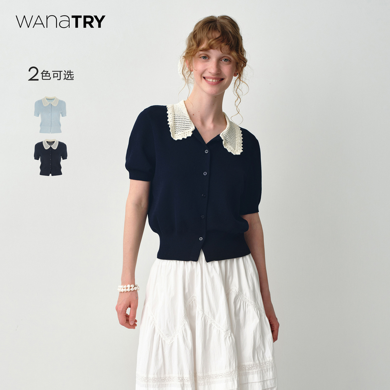 Wana Trymiu Crochet Collar Knitwear 2026 Spring New Arrival Navy Blue Commuter Korean Style Knitted Short-Sleeved Knitwear