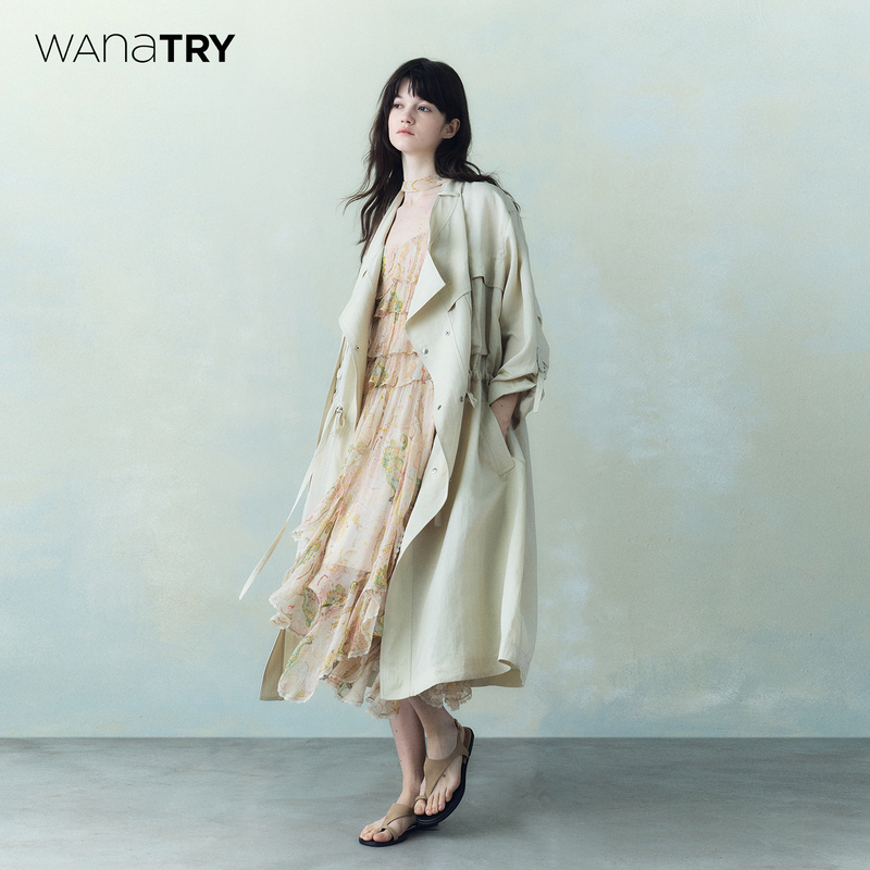 [Celebrity Style] Wana Try Linen French Design Drawstring Long Trench Coat 26 Spring New Arrival Lazy Style Jacket