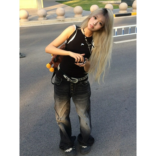 Ретро летняя черная приталенная спортивная майка топ без рукавов, в американском стиле, эффект подтяжки