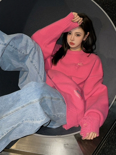 Розовый зимний цветной свитер, трикотажный кардиган, увеличенная толщина, круглый воротник, оверсайз