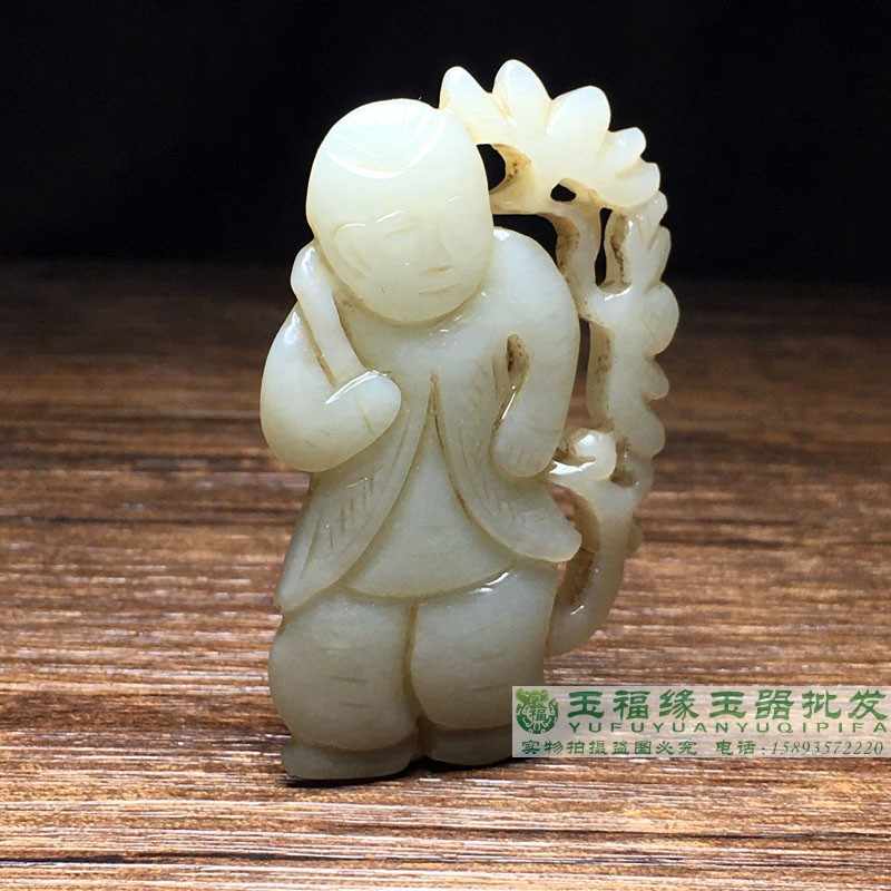 中国古美術品 清の時代 和田白玉 砡 童子如意 蘇工 53g AN