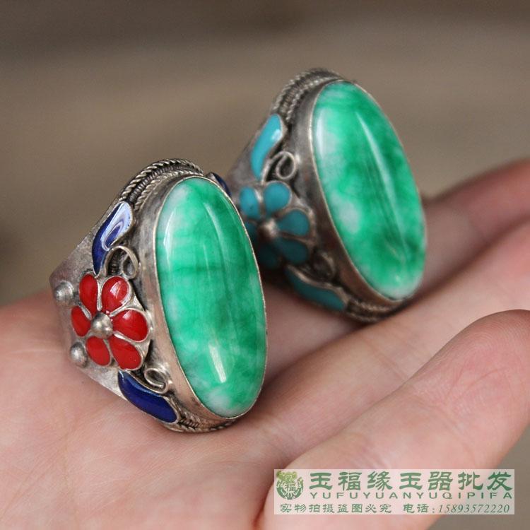 Ancient play miscellaneous Jingtai blue inlaid with silver plated emerald ring to bring finger ancient play collection for men and women's long ring-Taobao