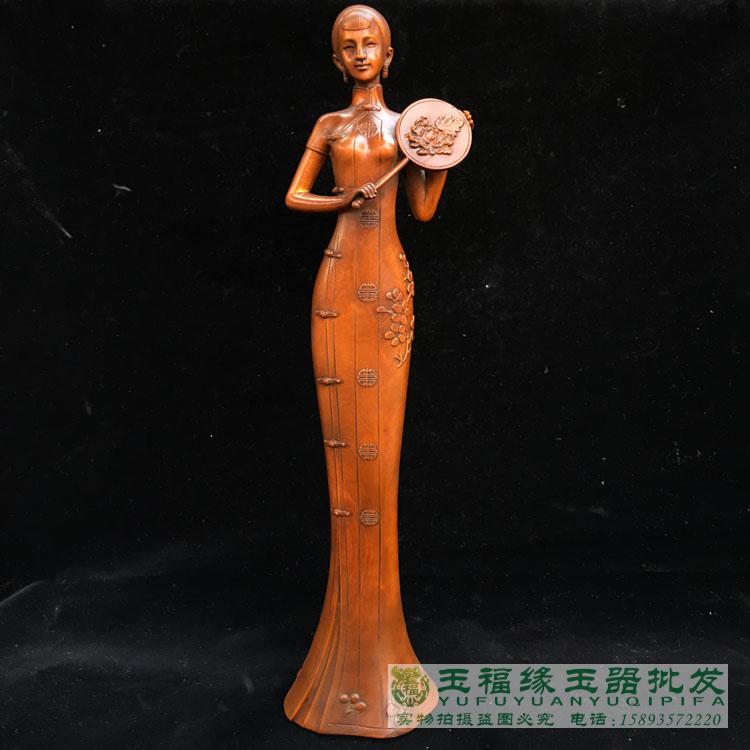 Small Leaves Old Yellow Poplar Wood Carving Qipao With Fan Beauties Swing Piece Figure Family Residence Decoration Great of the Jedi People at the Mercy