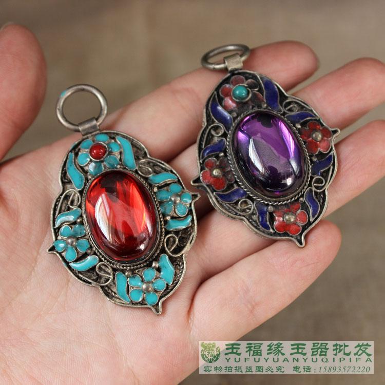 Antique miscellaneous antique silver inlaid zircon pendant Cloisonne red zircon pendant Enamel Antique silver zircon pendant