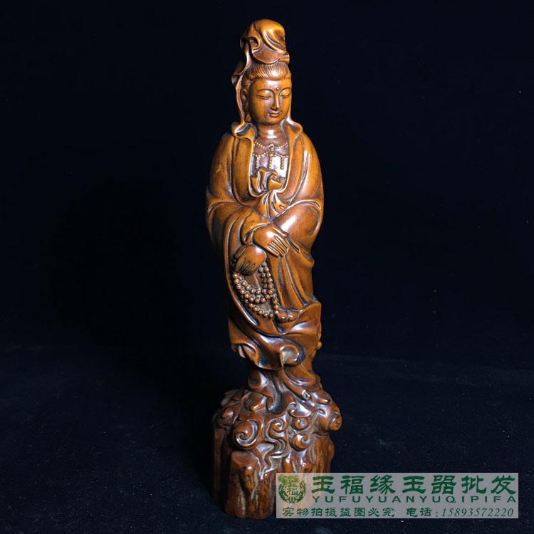 Ancient play Old and yellow Yang wood Finely Carved pearl Guanyin BodhisattBodhisattva small pendulum pieces wood sculptures ancient playwand ancient wooden sculptures