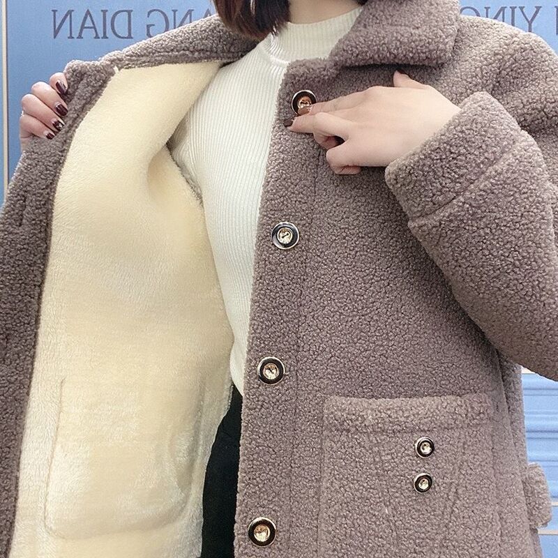 Lamb Wool Coat for Women, Autumn and Winter New Style, Thickened and Fleece-Lined, Fur Integrated, Mother's Wear, Mid-Length, Granular Fleece Coat