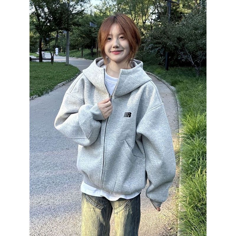 American Retro Gray High-Neck Cardigan Hooded Sweatshirt for Men and Women, 2025 Autumn and Winter New Style, Heavyweight Zip-Up Jacket for Couples