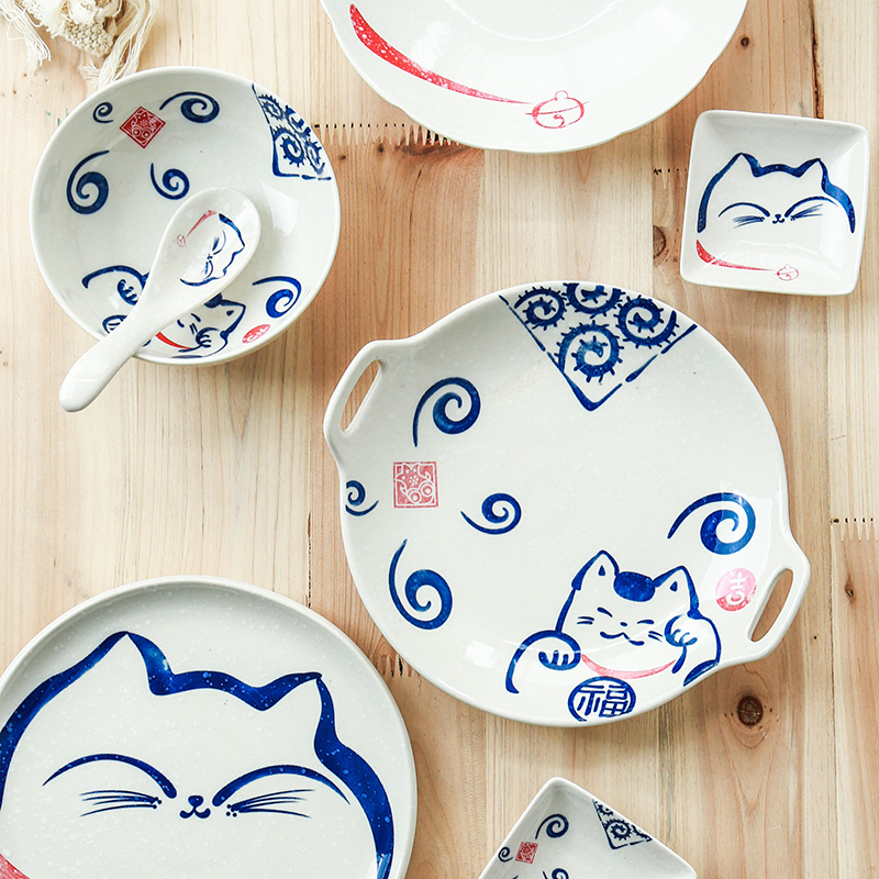Element treasure Japanese plutus cat ceramic tableware household sweet rice bowls rainbow such as bowl bowl fish dish dish dish soup spoon
