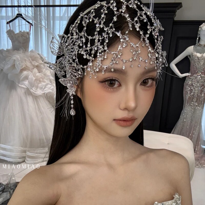 Elegant Bridal Wedding Dress Headpiece, High-End Rhinestone Tassel Headband, Bow Set, Wedding Dress Styling Accessories, Elegant