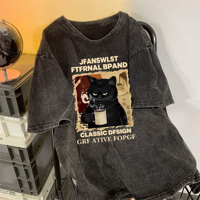 American Retro Washed Vintage Heavy Cotton Short-Sleeve T-Shirt for Men and Women, Summer Design, Couple Trendy Brand Top